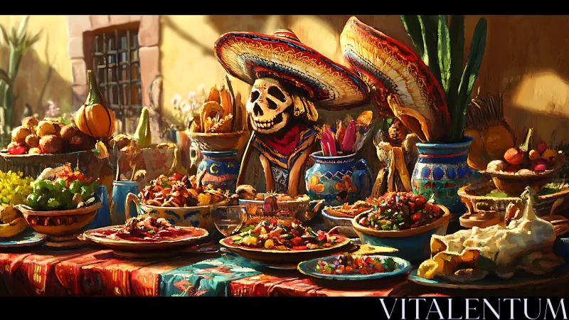 Skeleton in sombrero observes colorful Mexican food spread