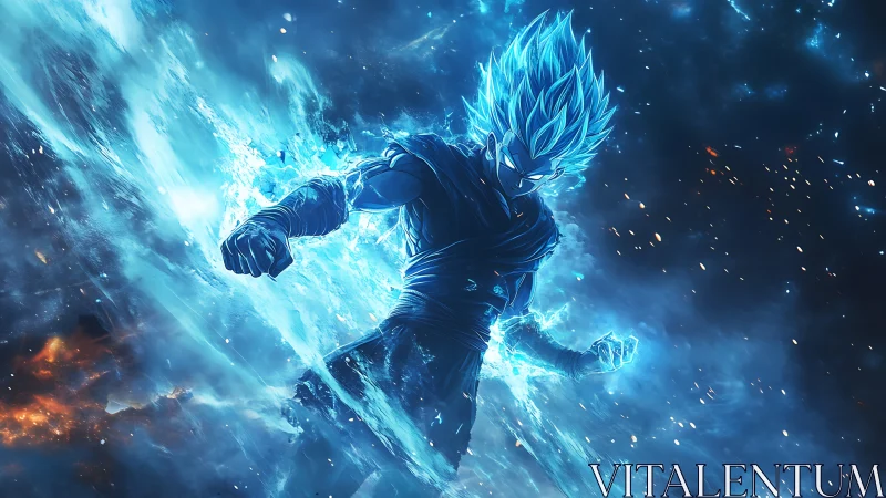 Blue energy warrior in explosive cosmic impact vortex