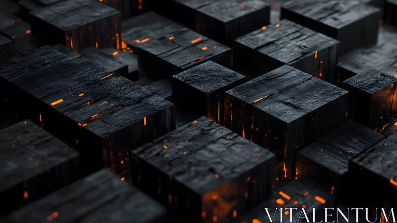 Charred Wooden Cubes with Glowing Embers, Futuristic Abstract Style.