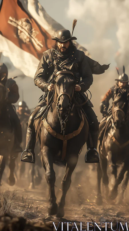 Armored cavalry commander rides through swirling battle dust.