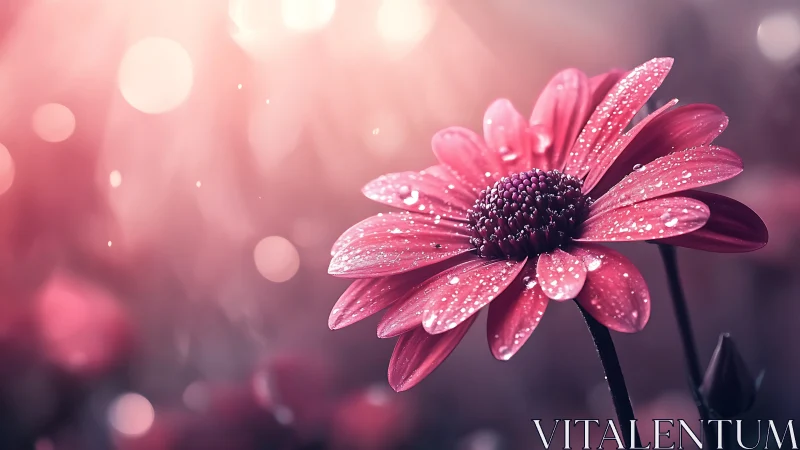 Pink Gerbera Daisy with Hydrophobic Petals and Bokeh Atmospheric Depth.