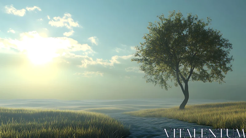 Single tree in volumetric dawn light over windswept grassy dunes