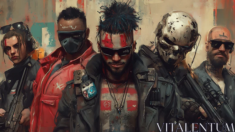 Cyberpunk mercenary squad in gritty painterly portrait.