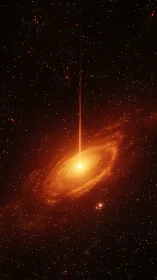 Radiant galactic vortex pierced by vertical light beam.