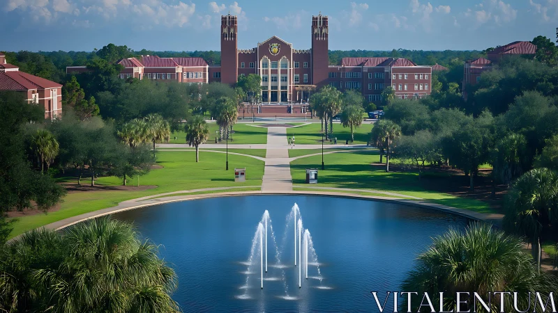 University campus quad with fountain and red-brick hall.
