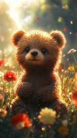 Fluffy baby bear sits glowing in sunlit wildflower meadow.