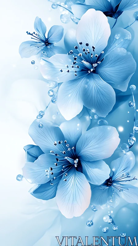 Blue and white flowers with water droplets rendered digitally