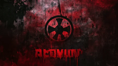 Radiation emblem on distressed red and black background.
