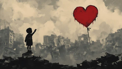 Child's Defiant Heart: A Balloon of Hope Against Urban Ruin