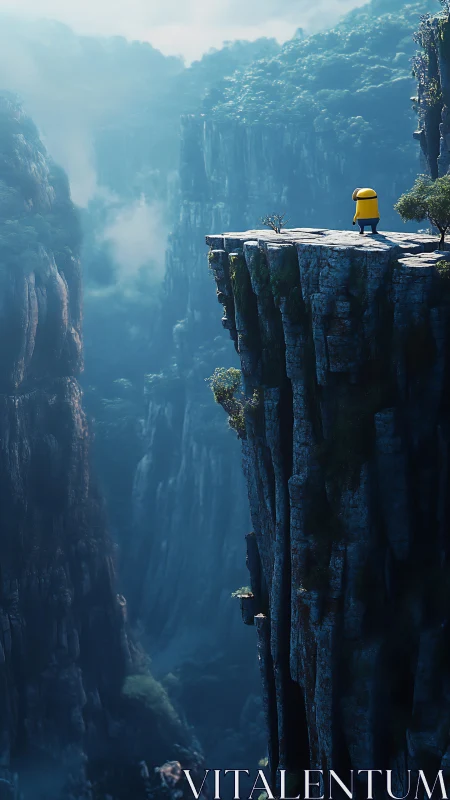 Small yellow figure stands on high cliff above deep canyon