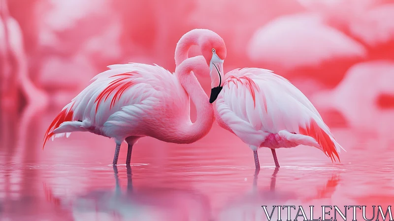 Two Pink Flamingos in Shallow Water Environment.