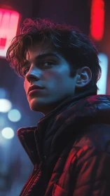 Moody neon portrait of young man in urban night scene.