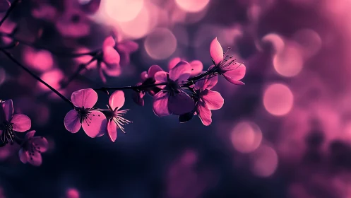 Pink Blossoms on Branch Against Blurred Background.