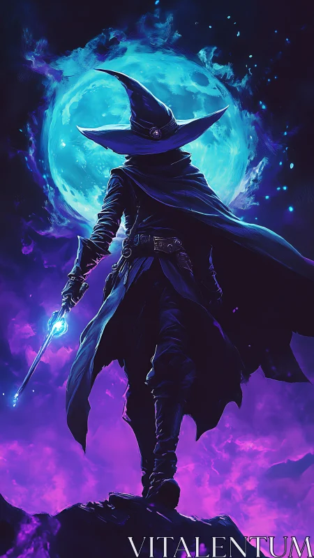Moonlit wizard strides through glowing violet stormlight
