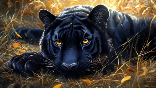 Black tiger resting in golden grass with intense gaze.