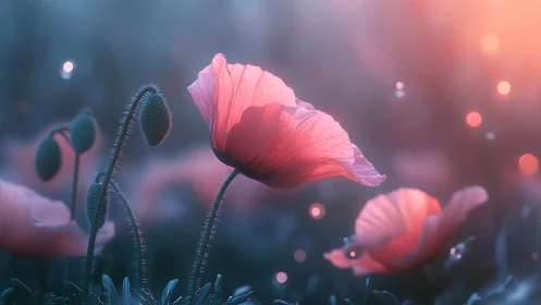 Red Poppies Glowing in Soft Bokeh Light.