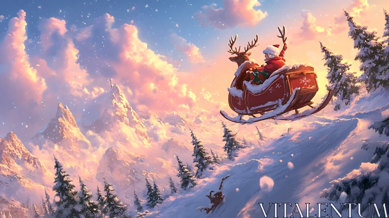 Santa sleigh ascends snowy alpine ridge in golden sunset.