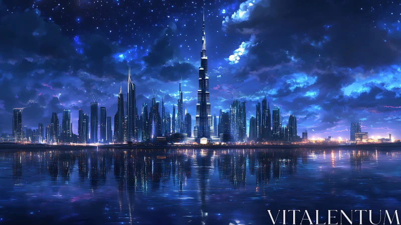 Futuristic waterfront skyline reflects in calm night water