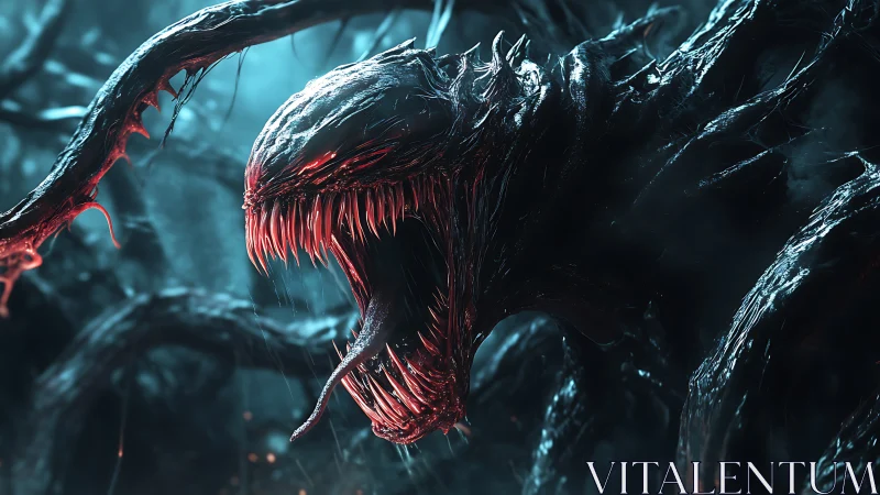 Nightmarish symbiotic creature lunges forward in cold neon light