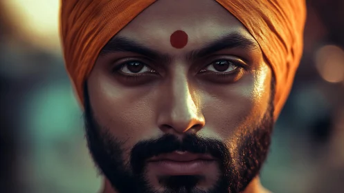 Portrait of turbaned man with forehead mark in soft light.