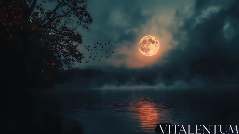 Full moon glows over misty lake, casting an eerie reflection