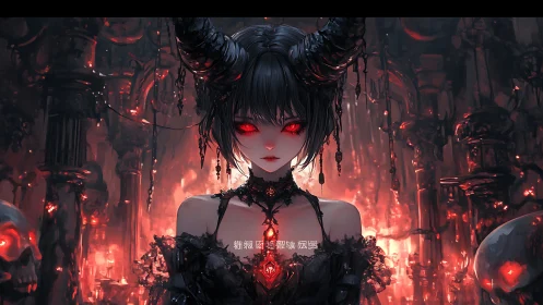 Dark horned maiden bathed in glowing crimson embers.