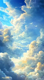 Sunlit towering clouds with bright blue sky and birds.