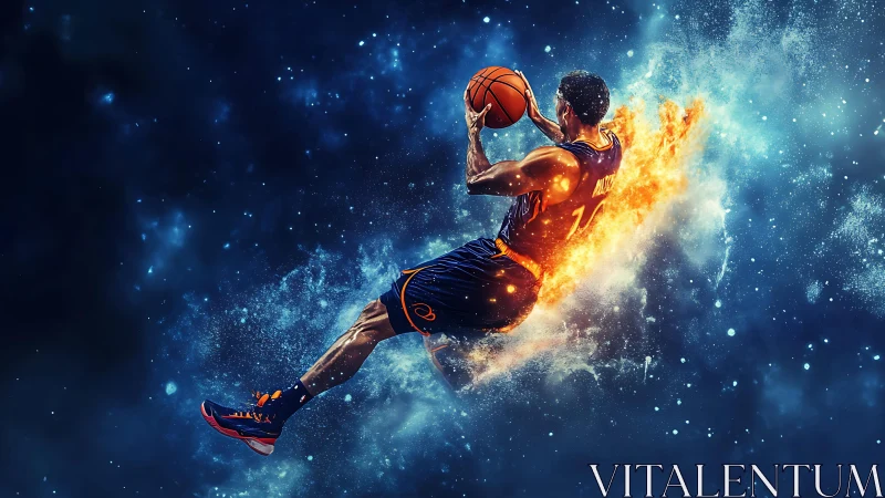 Explosive basketball dunk erupts with cosmic fire and motion