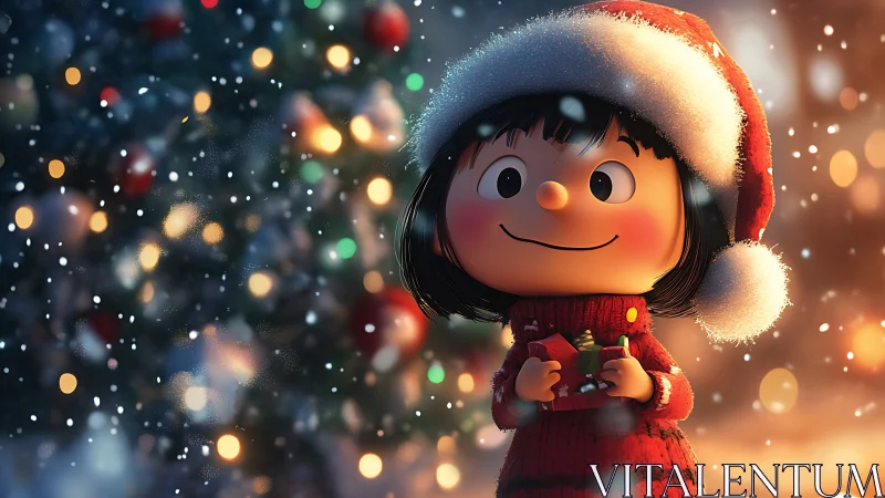 Cartoon child in Santa hat holds gift in snowy scene