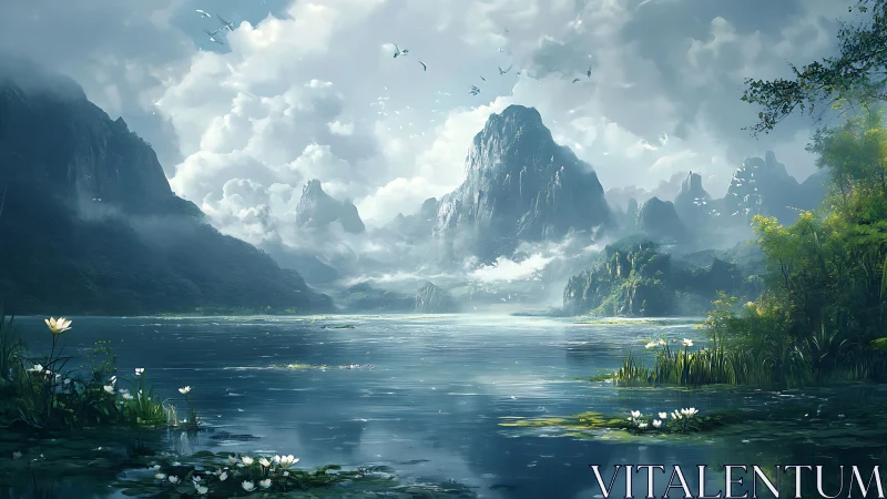 Digital painting of mist-clad mountains over reflective lakescape.