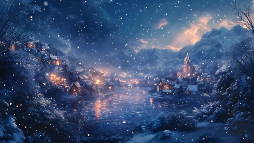 Snowlit alpine village glows beside a tranquil winter river.