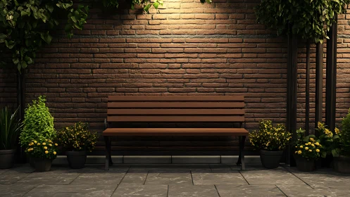 Warm courtyard bench glows softly against a brick garden wall