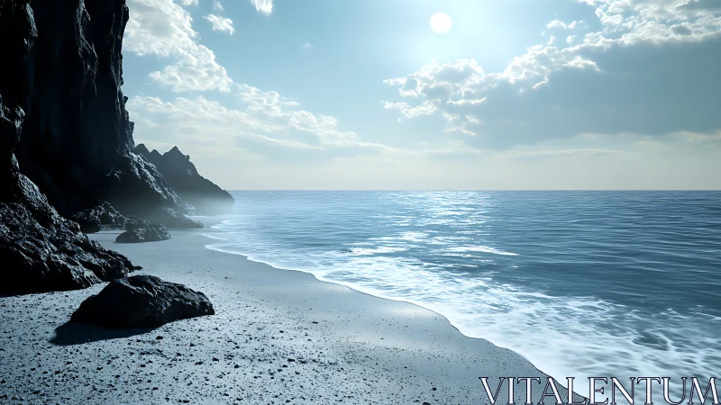 Specular-lit rocky shoreline with calm ocean under high noon sun