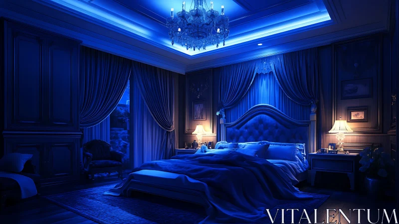 Nocturnal blue-lit neoclassical bedroom with layered luminance.