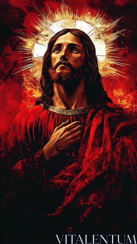 Religious figure portrait is rendered with radiant circular halo