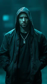Hooded man stands in moody teal light with intense focus