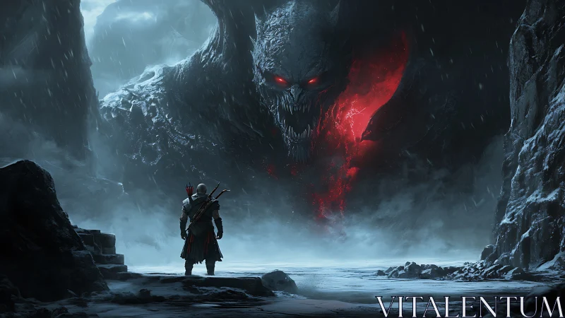 Armored warrior faces colossal demonic ice cavern entity.