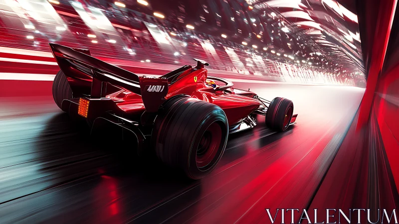 Red formula race car in motion through lit tunnel.