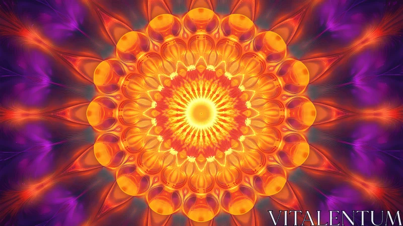 Radial fractal mandala in luminous orange and violet symmetry.