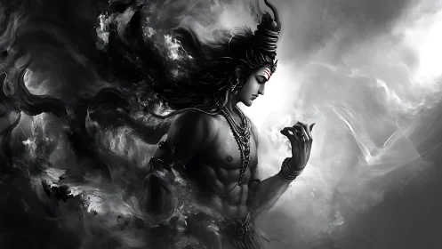 Monochrome astral deity amid turbulent volumetric nebulae.