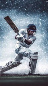 Dynamic cricket batsman executing power drive in snowfall.