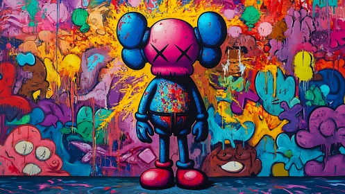 Graffiti-splashed cartoon figure stands before dense neon drip wall
