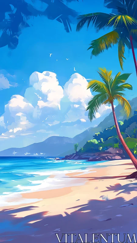 Tropical Coastal Landscape with Palm Tree and Atmospheric Cloudscape.