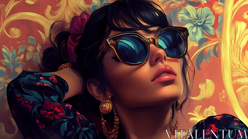 Stylish woman in sunglasses poses against ornate floral wall