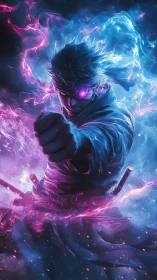 Cyber ninja warrior with glowing eye in neon storm.