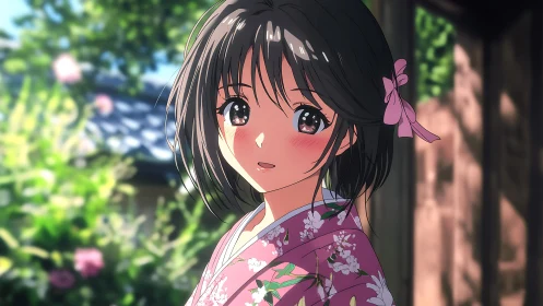 Sunlit girl in floral kimono shares a gentle summer smile