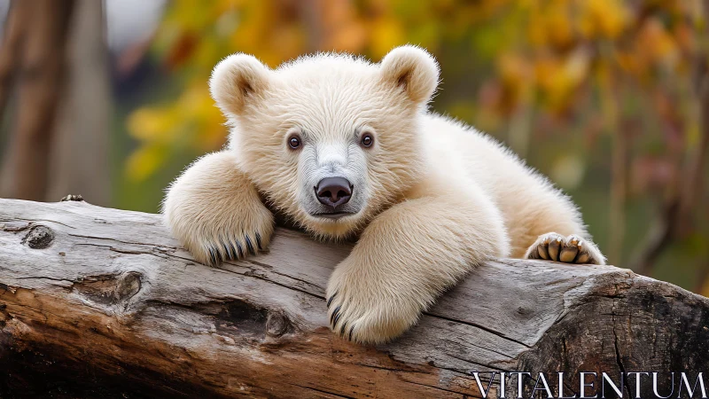 Curious polar bear cub resting sweetly on a weathered log.