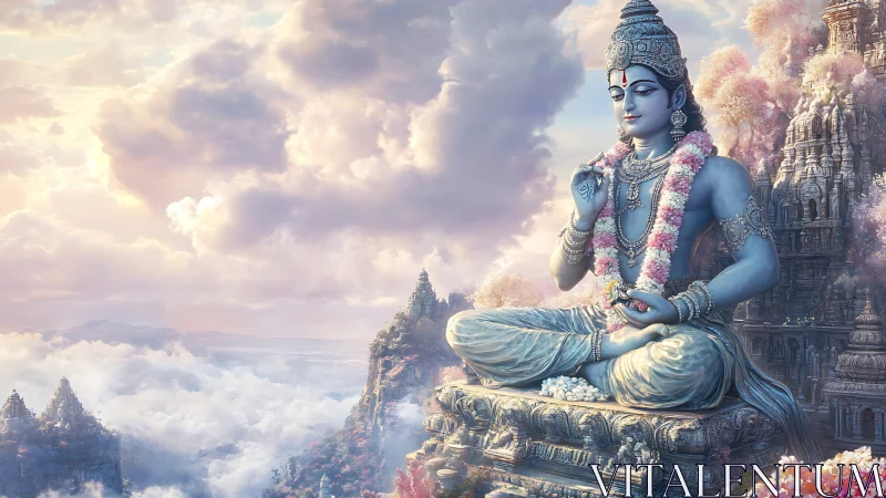 Divine blue figure meditating above ornate celestial temples