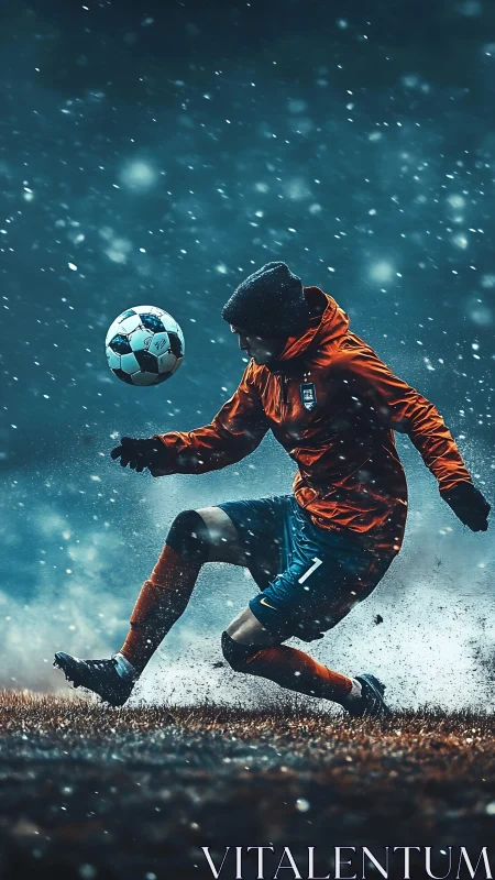 Winter footballer controls ball amid swirling snowfall storm.