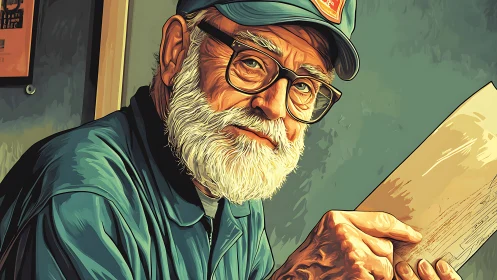 Elderly man in teal cap reading document, stylized portrait